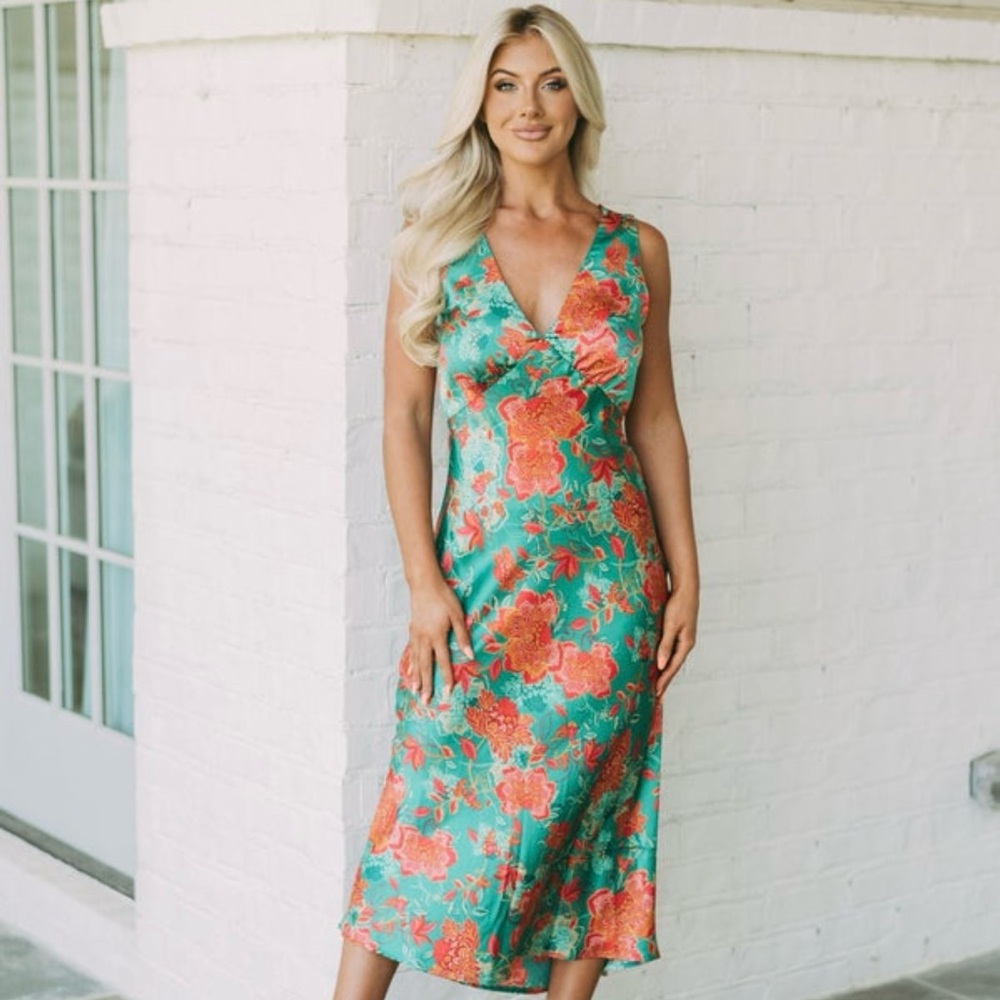 These Three Boutique Maldives Silk Midi Dress- Emerald